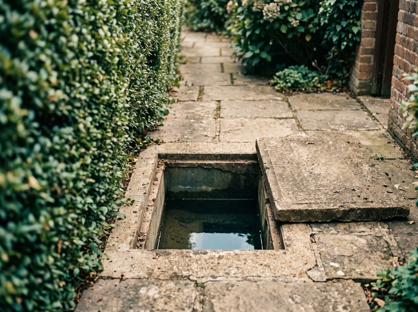 Regard de visite en béton ouvert dans une allée pavée