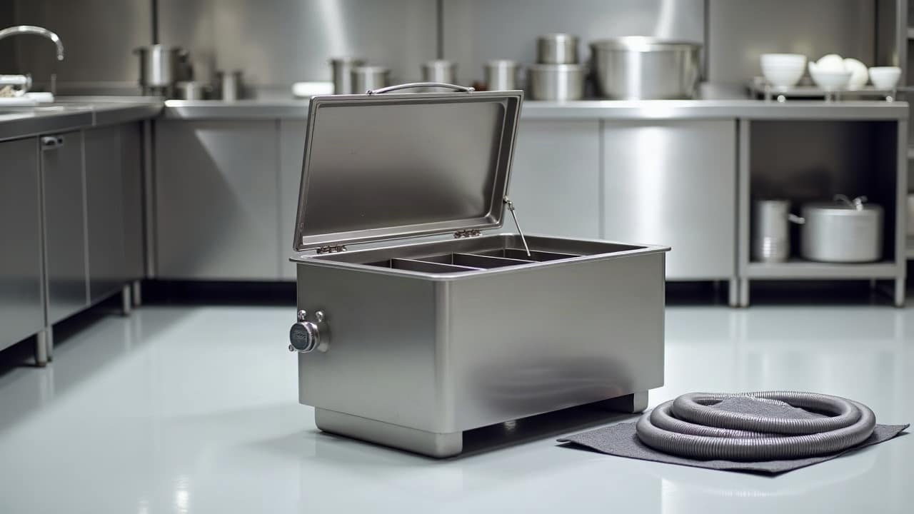 Bac à graisse inox encastré, couvercle relevé, dans une cuisine professionnelle