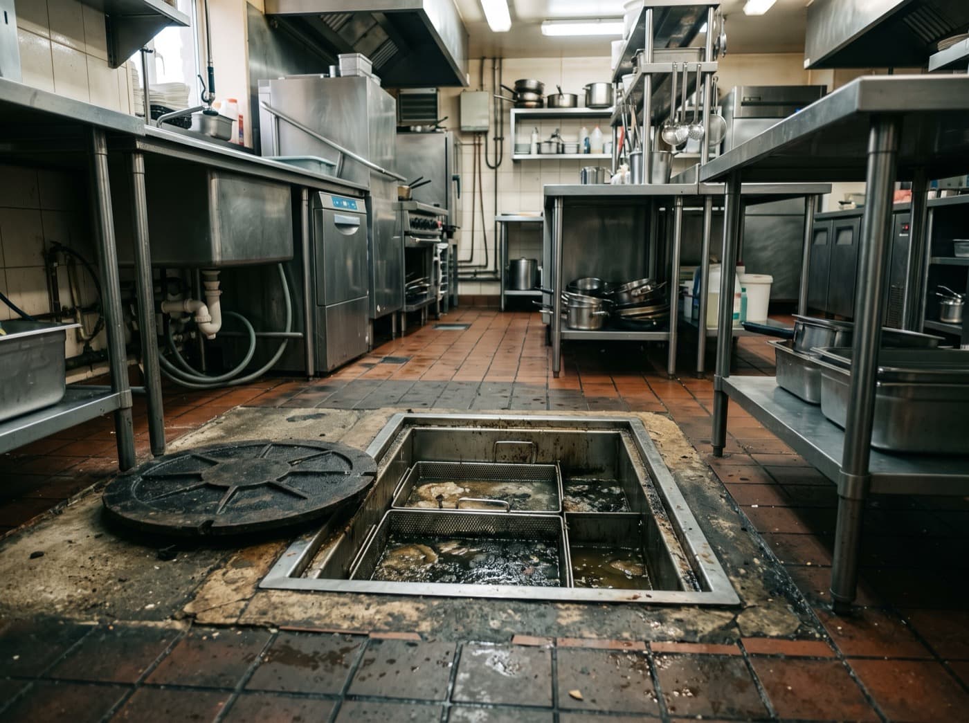 Bac à graisse ouvert à l’arrière d’une cuisine professionnelle
